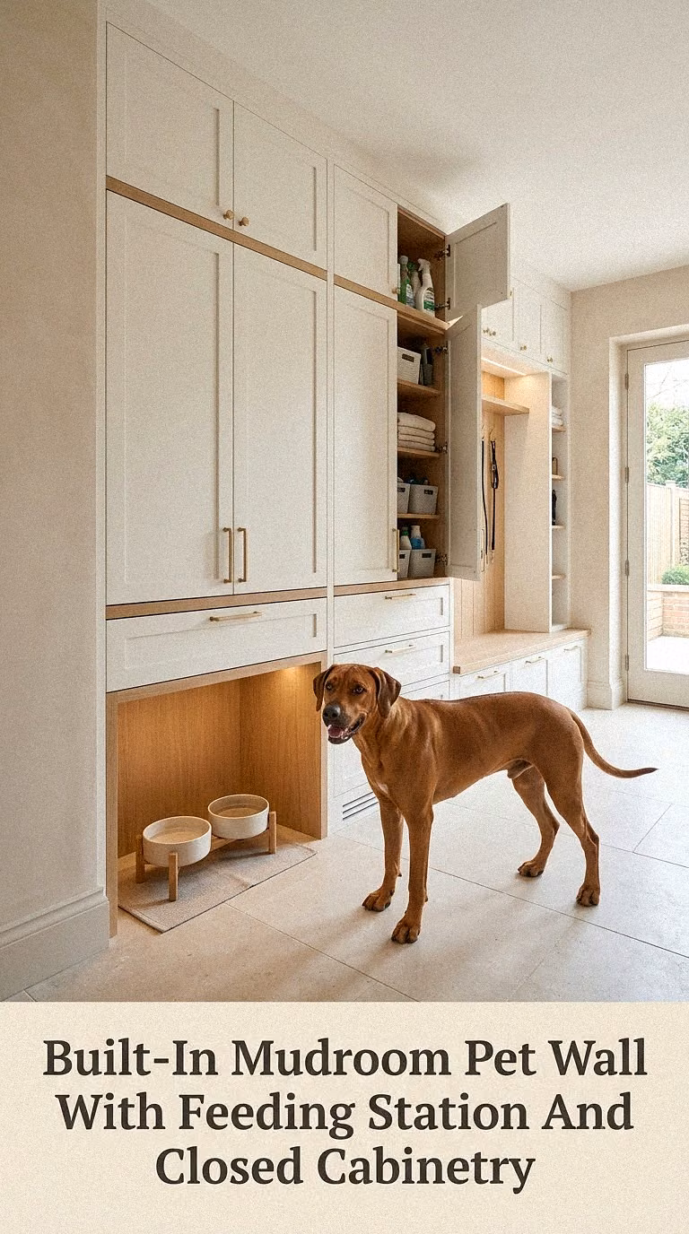 Built-In Mudroom Pet Wall With Feeding Station And Closed Cabinetry