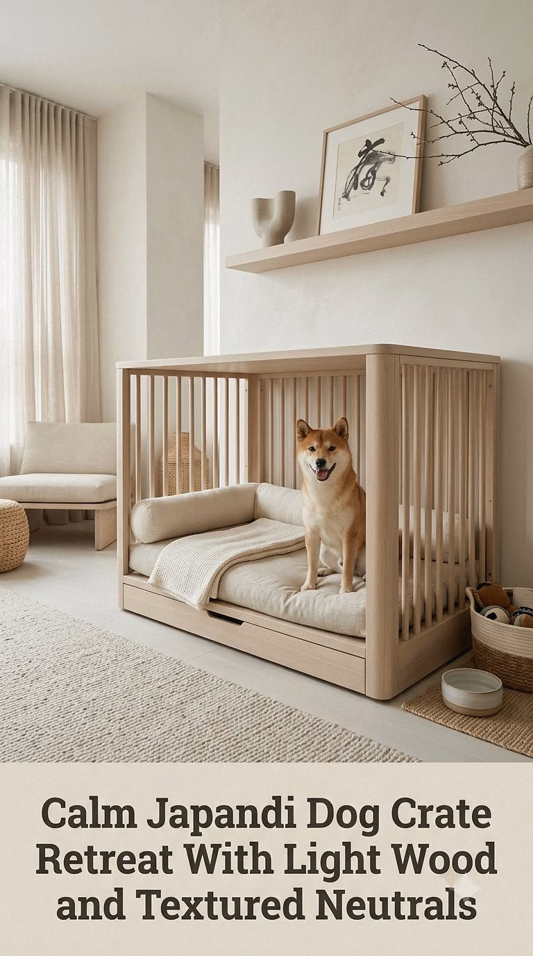 Calm Japandi Dog Crate Retreat With Light Wood and Textured Neutrals