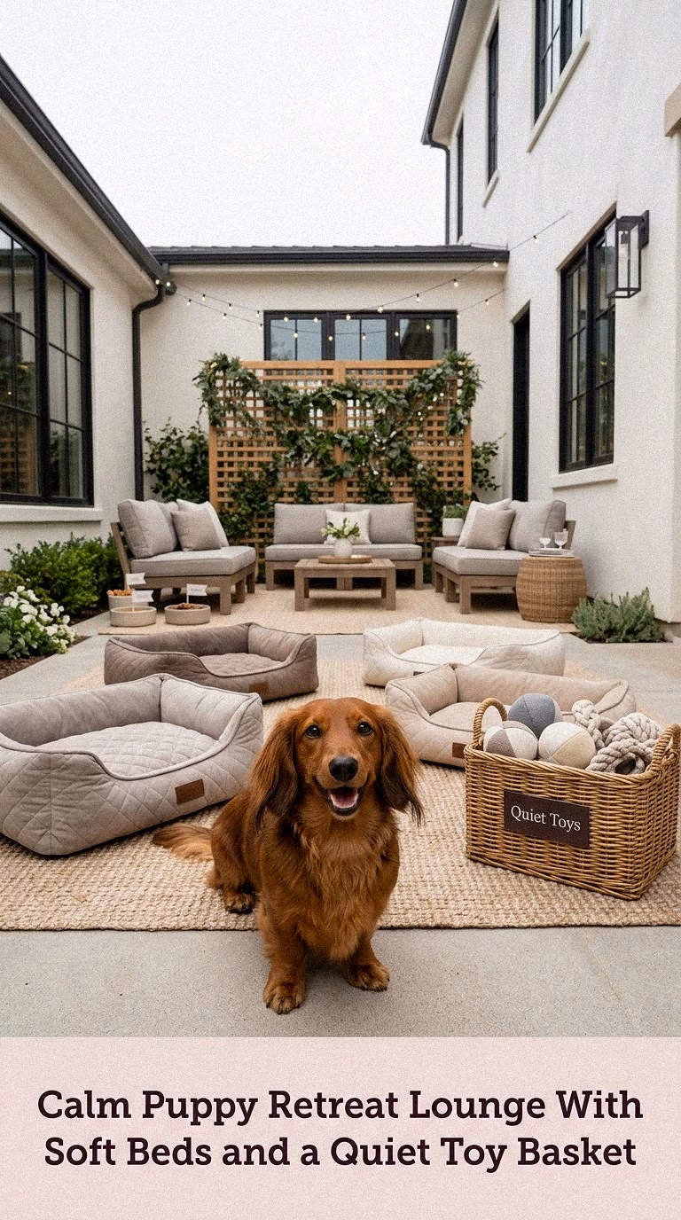 Calm Puppy Retreat Lounge With Soft Beds and a Quiet Toy Basket