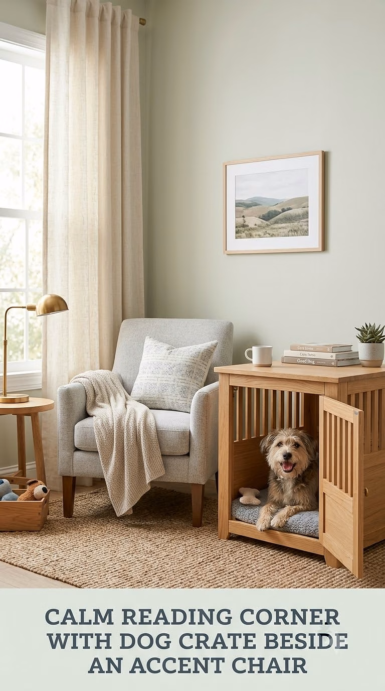 Calm Reading Corner With Dog Crate Beside an Accent Chair