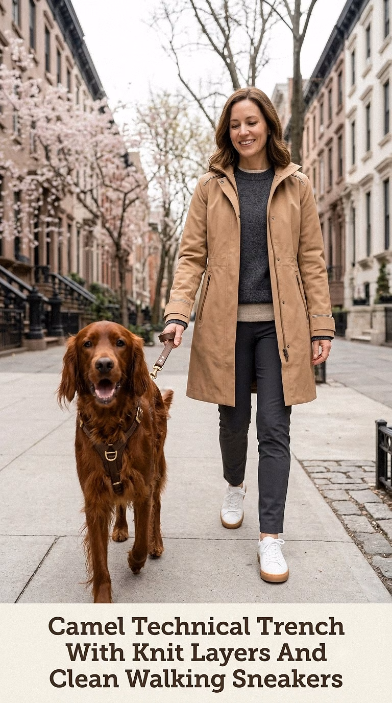 Camel Technical Trench With Knit Layers And Clean Walking Sneakers