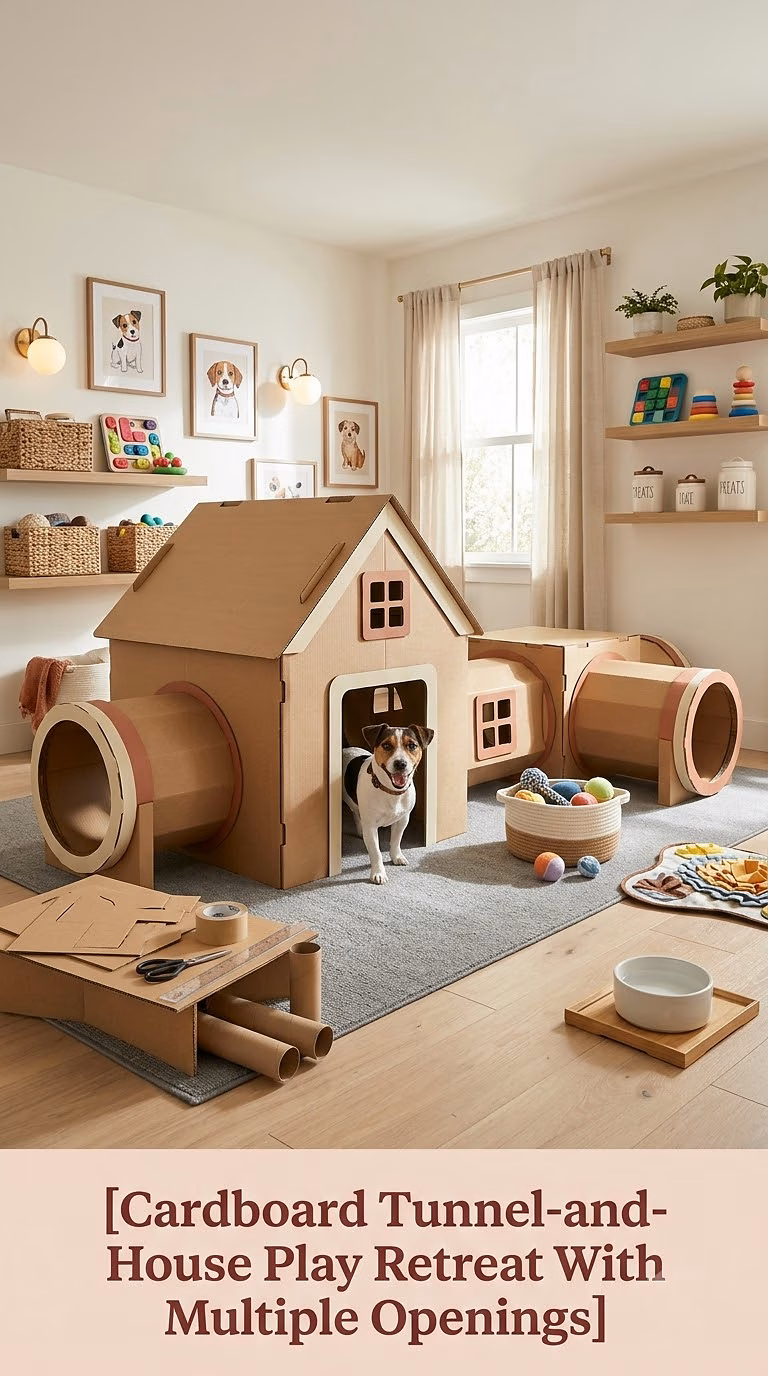 Cardboard Tunnel-and-House Play Retreat With Multiple Openings