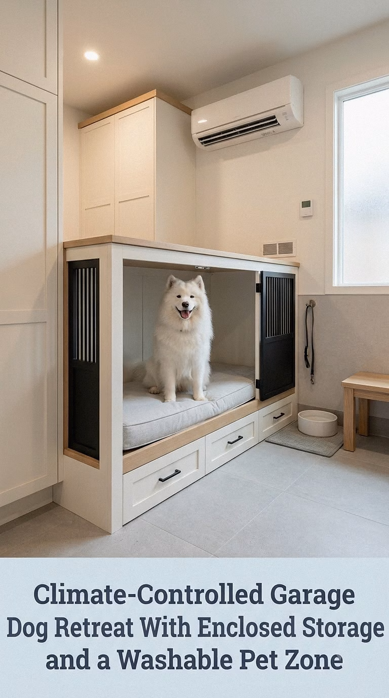 Climate-Controlled Garage Dog Retreat With Enclosed Storage and a Washable Pet Zone