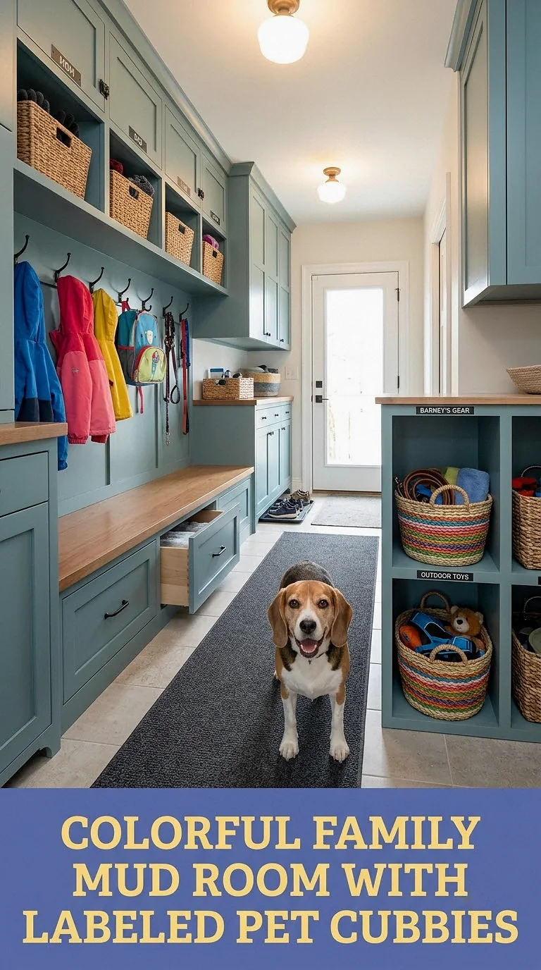 Colorful Family Mud Room With Labeled Pet Cubbies