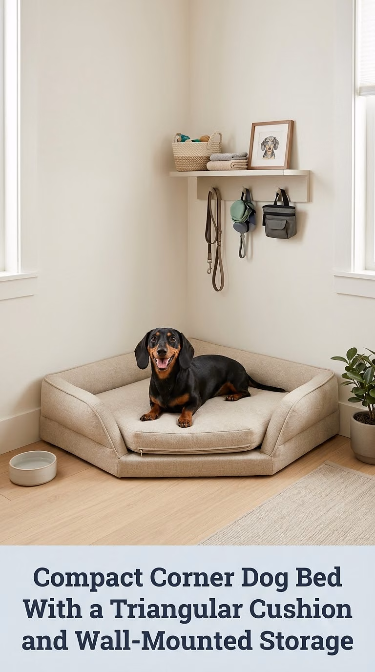 Compact Corner Dog Bed With a Triangular Cushion and Wall-Mounted Storage