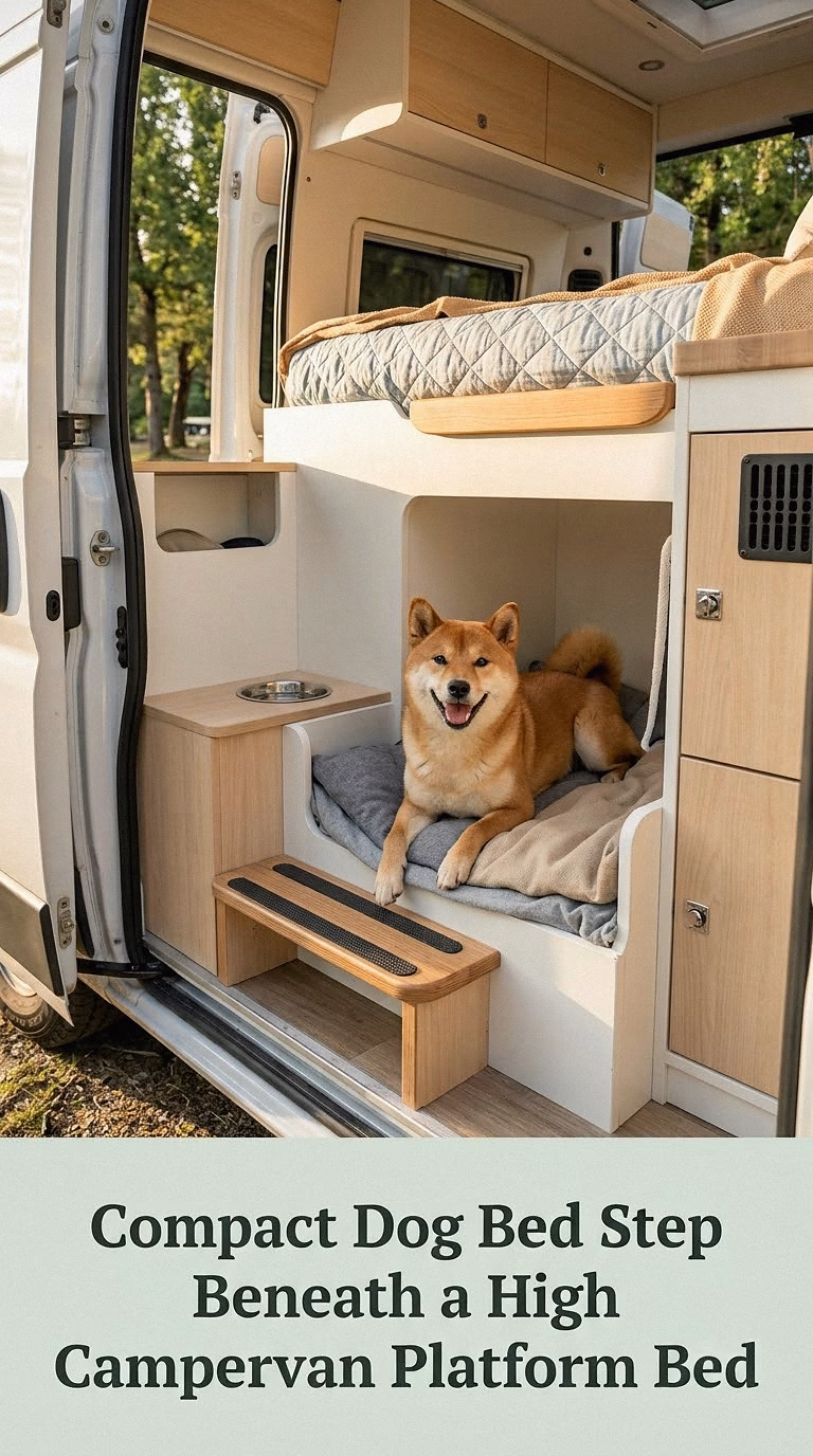 Compact Dog Bed Step Beneath a High Campervan Platform Bed
