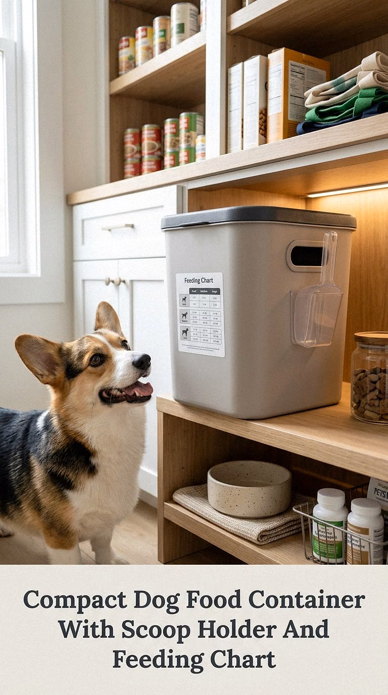 Compact Dog Food Container With Scoop Holder And Feeding Chart