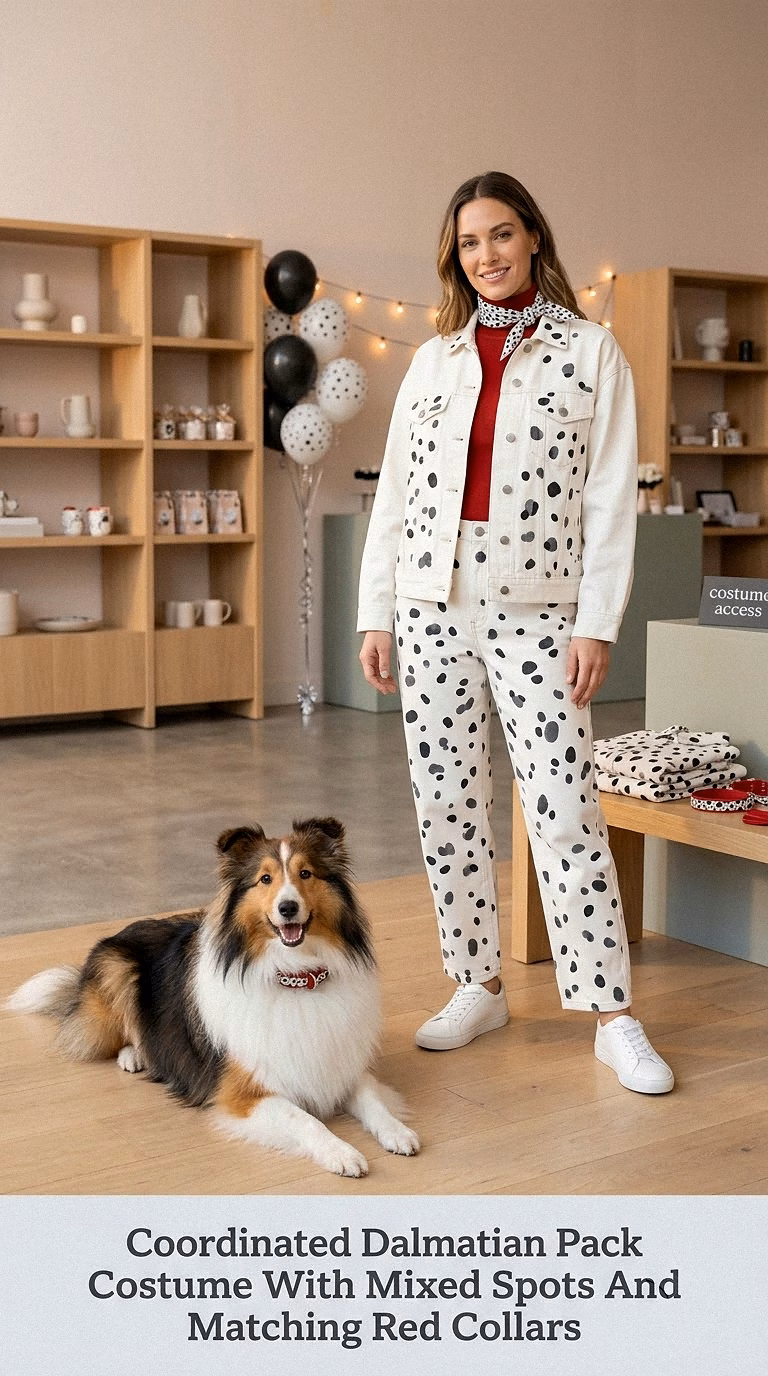 Coordinated Dalmatian Pack Costume With Mixed Spots And Matching Red Collars
