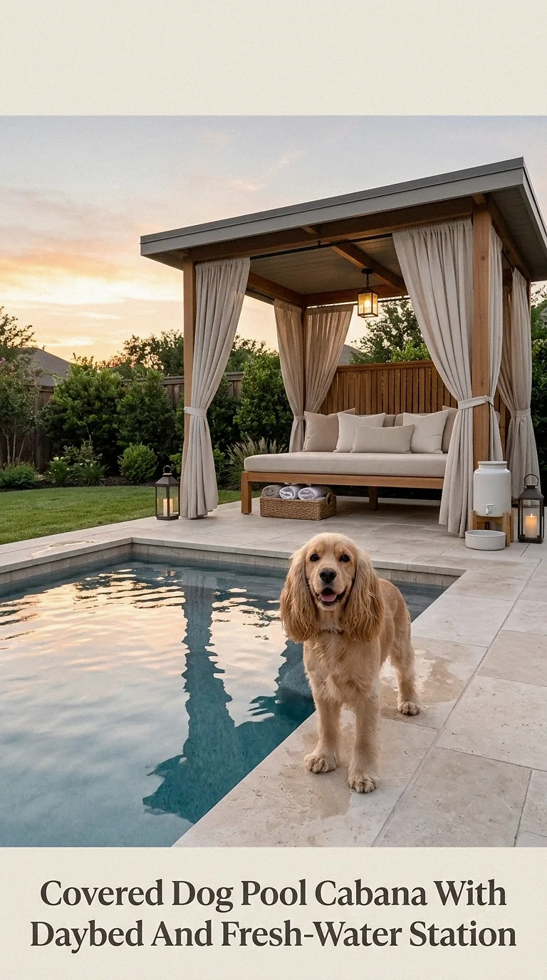 Covered Dog Pool Cabana With Daybed And Fresh-Water Station