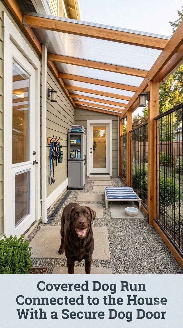 Covered Dog Run Connected to the House With a Secure Dog Door