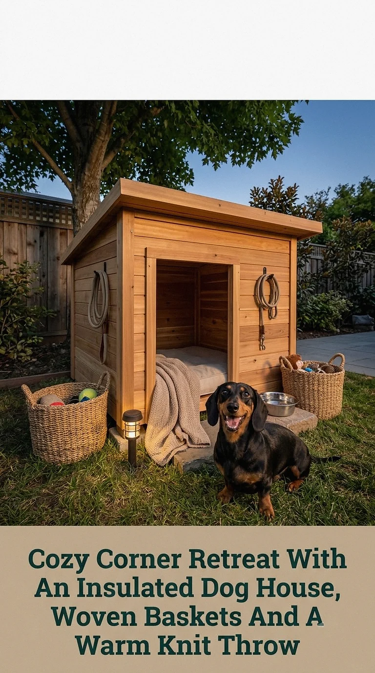 Cozy Corner Retreat With An Insulated Dog House, Woven Baskets And A Warm Knit Throw