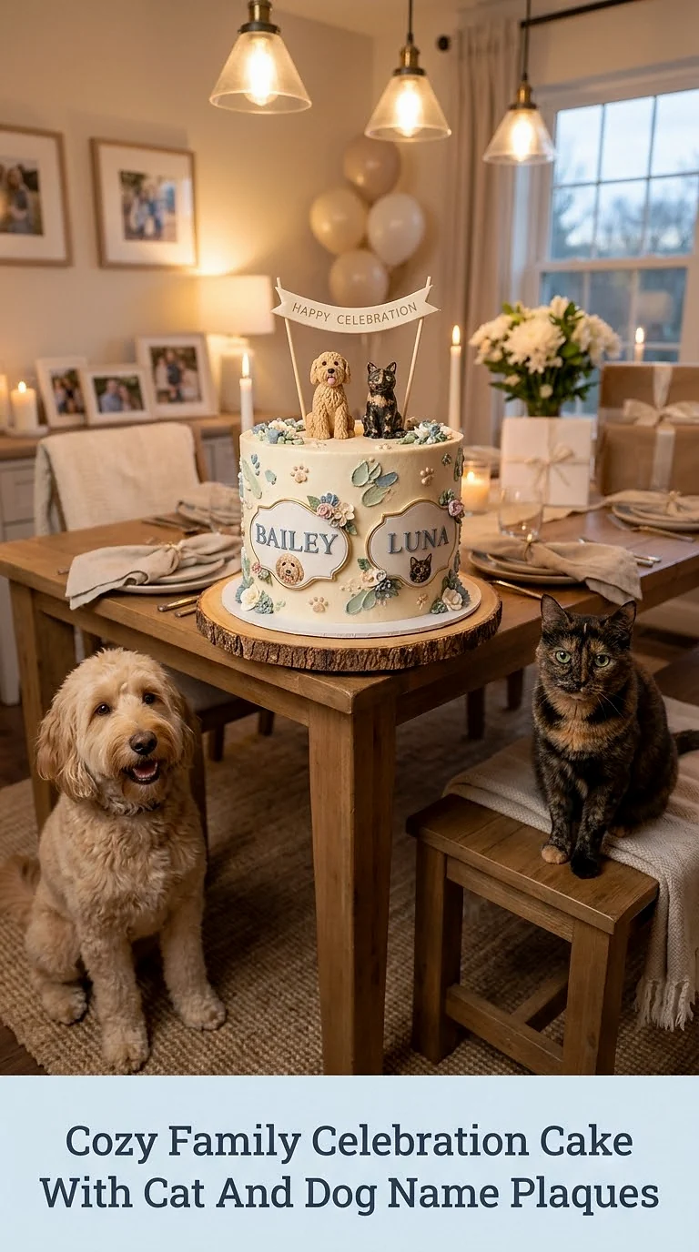 Cozy Family Celebration Cake With Cat And Dog Name Plaques