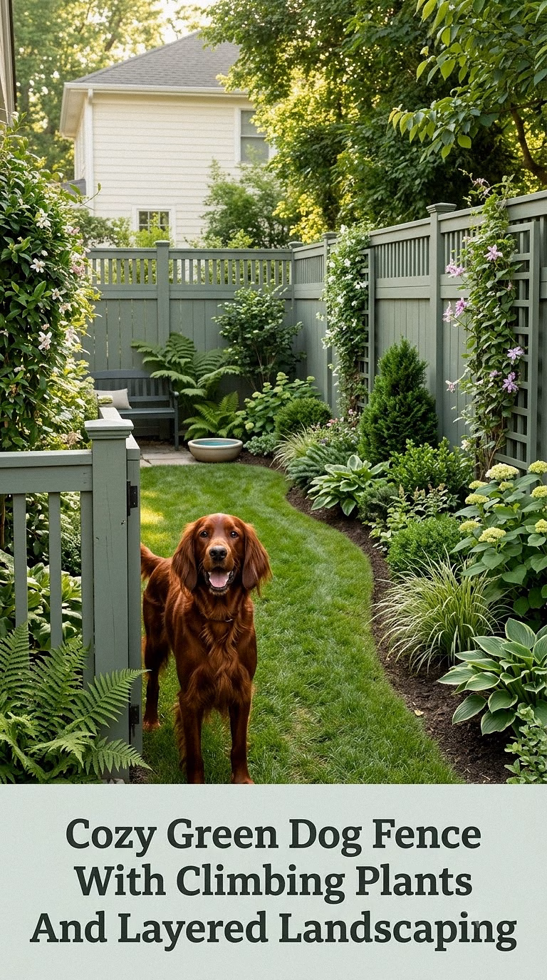Cozy Green Dog Fence With Climbing Plants And Layered Landscaping
