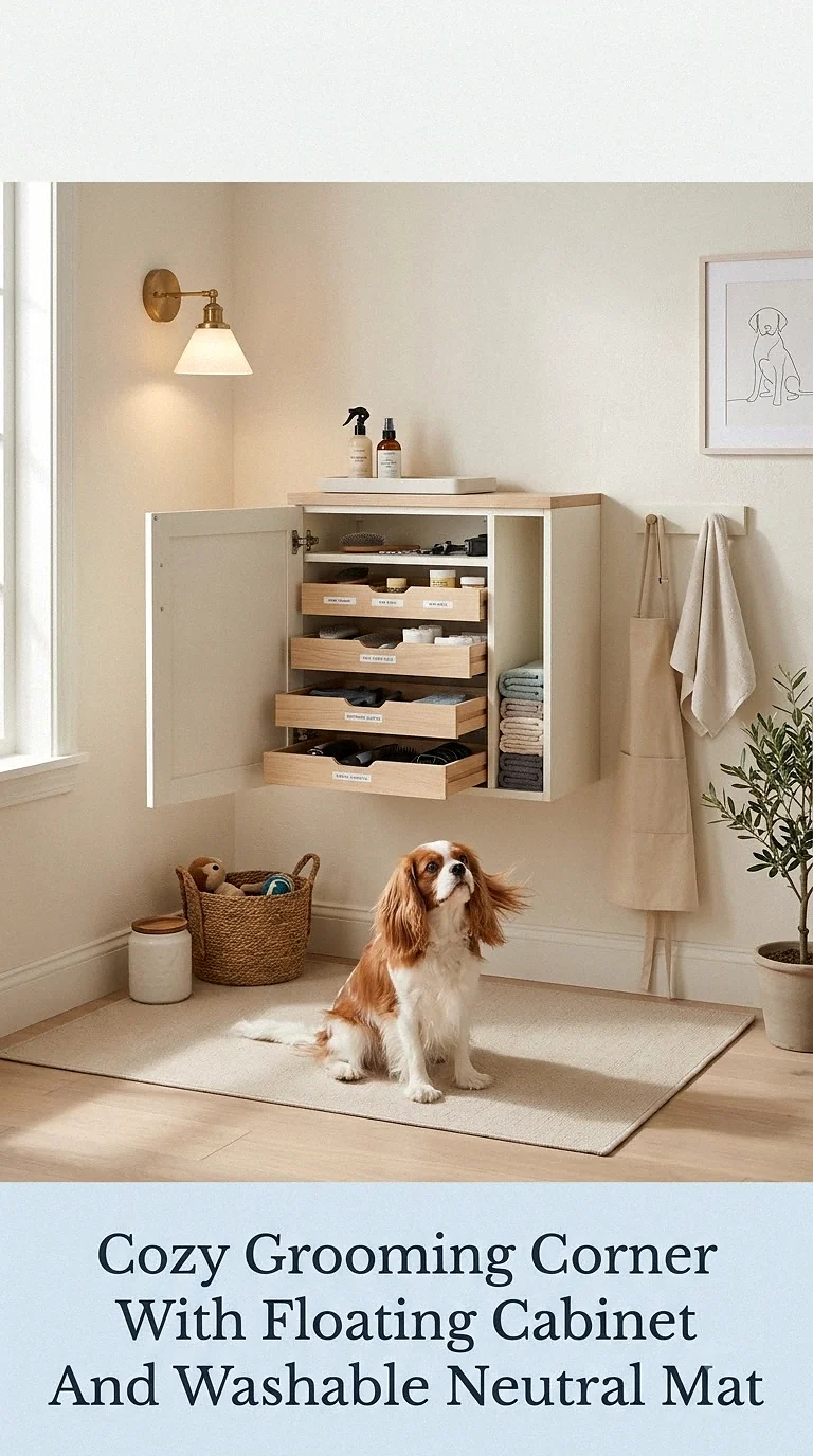 Cozy Grooming Corner With Floating Cabinet And Washable Neutral Mat