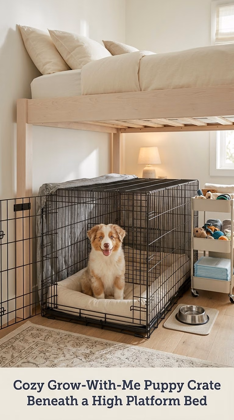 Cozy Grow-With-Me Puppy Crate Beneath a High Platform Bed