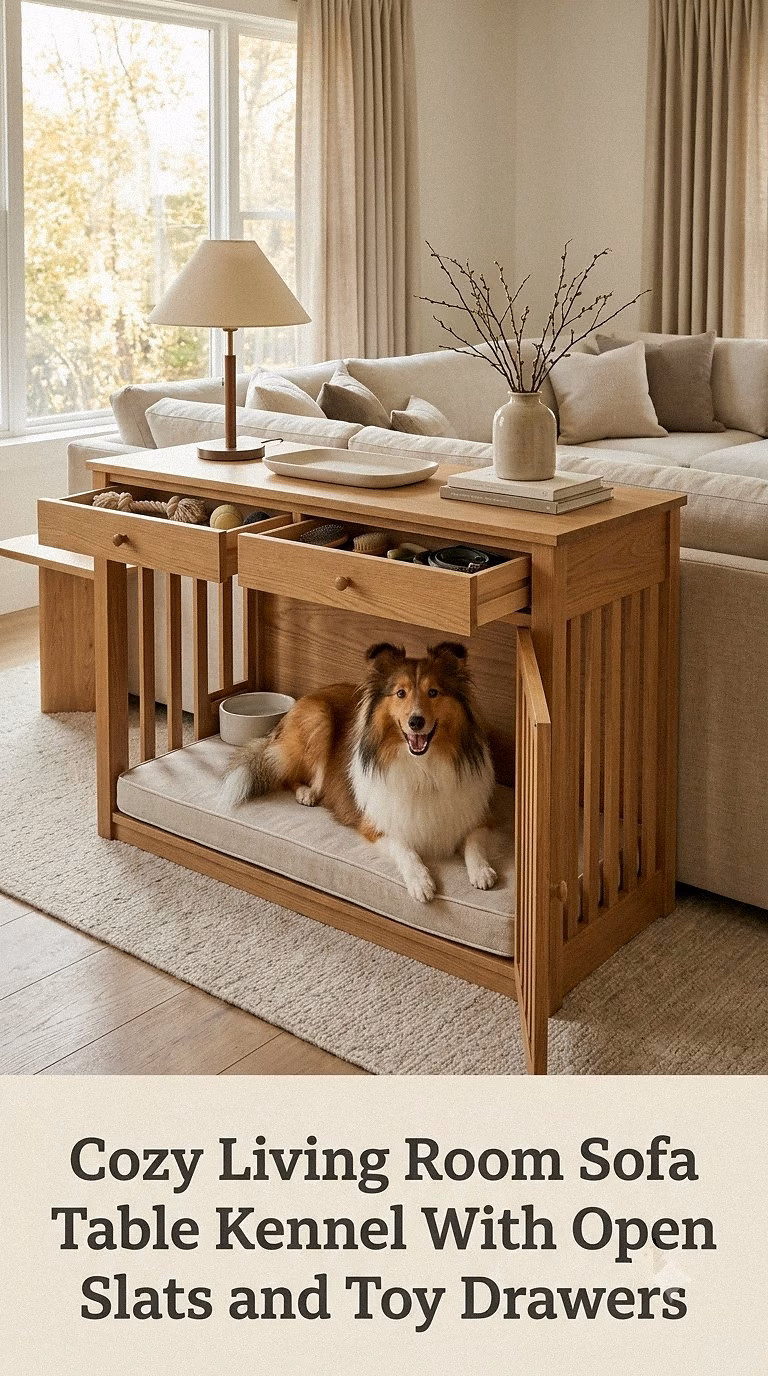 Cozy Living Room Sofa Table Kennel With Open Slats and Toy Drawers
