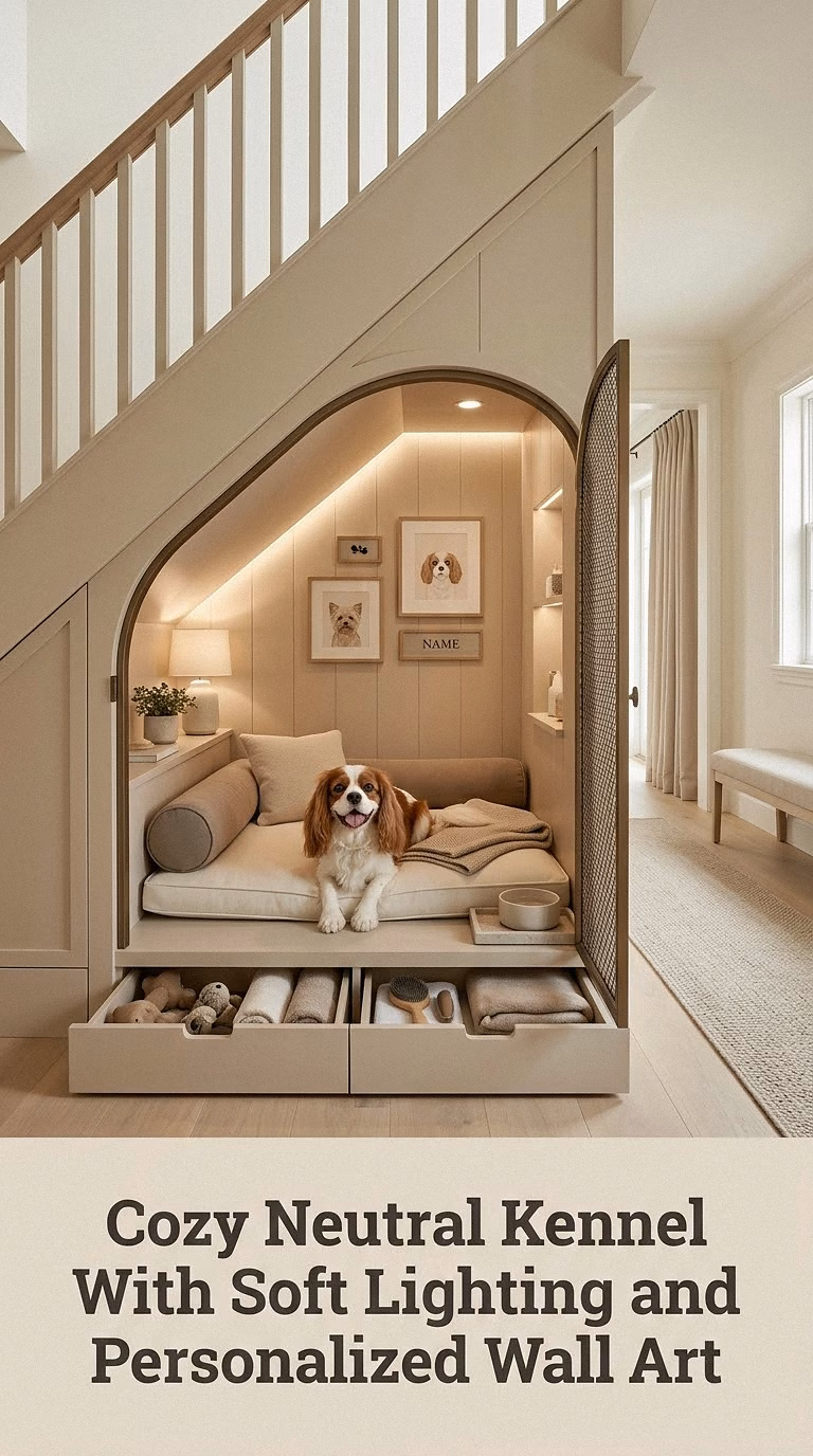 Cozy Neutral Kennel With Soft Lighting and Personalized Wall Art