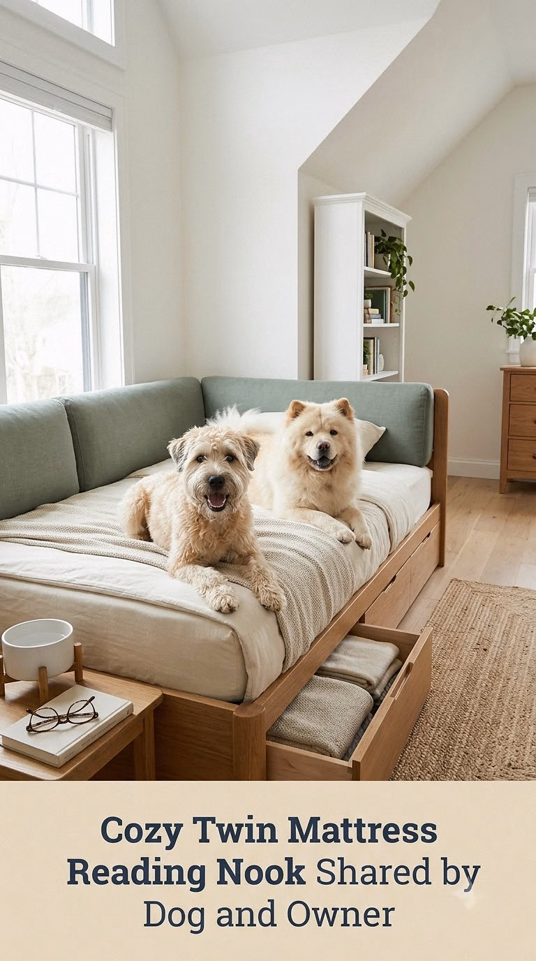 Cozy Twin Mattress Reading Nook Shared by Dog and Owner