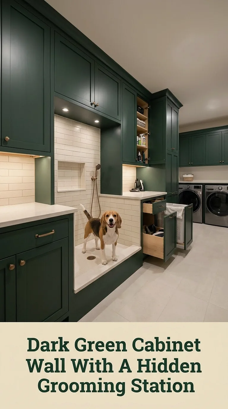 Dark Green Cabinet Wall With A Hidden Grooming Station