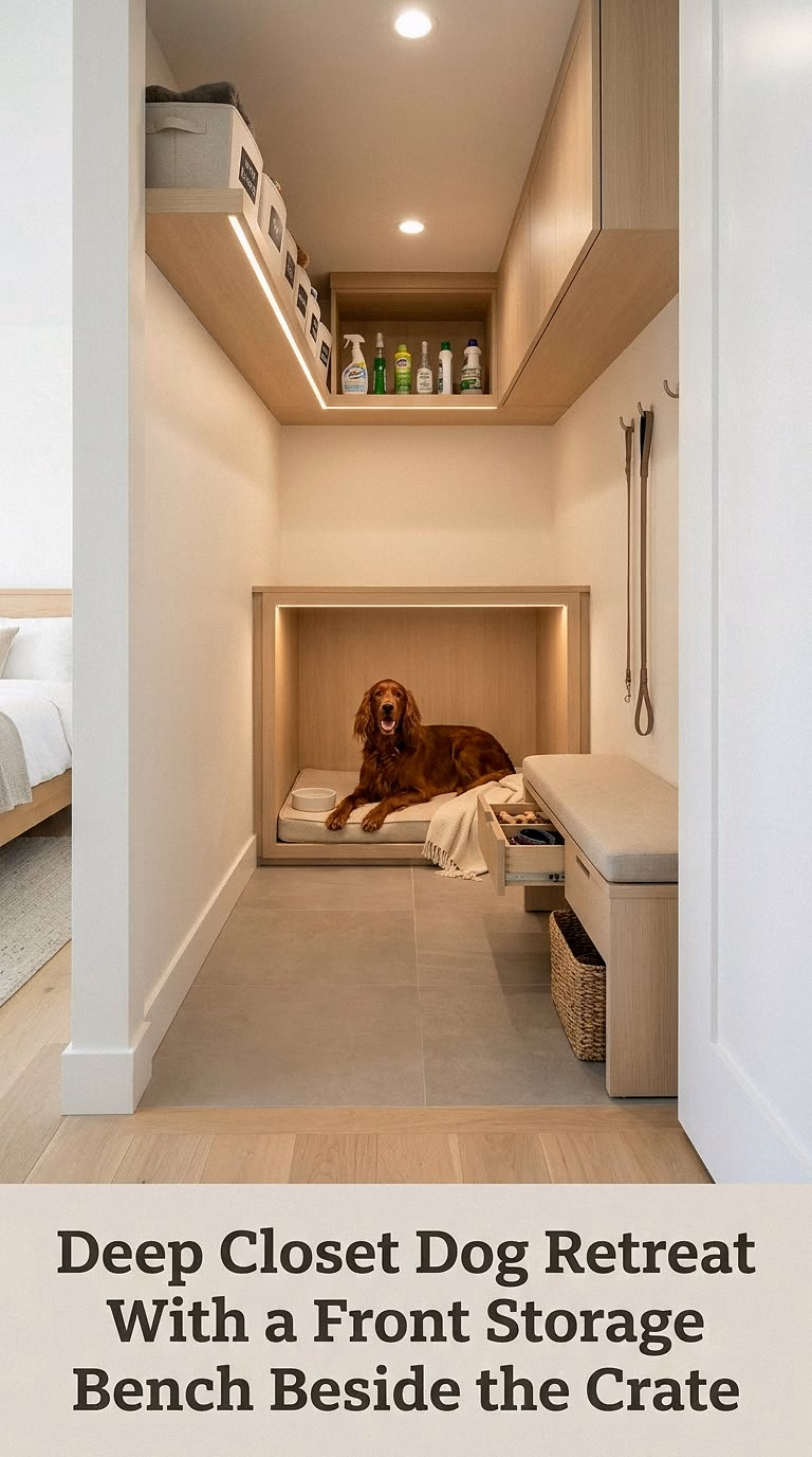 Deep Closet Dog Retreat With a Front Storage Bench Beside the Crate