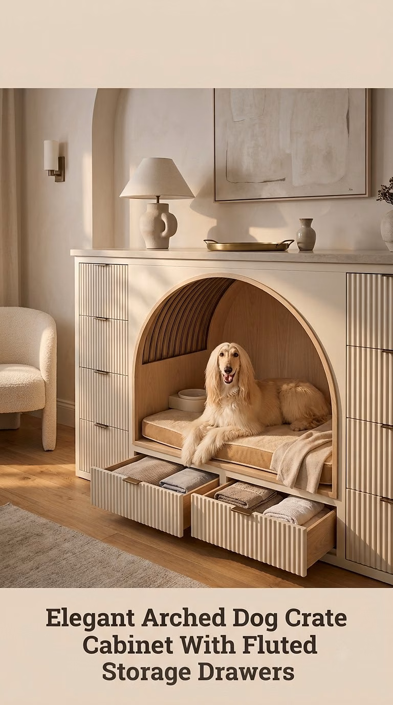 Elegant Arched Dog Crate Cabinet With Fluted Storage Drawers