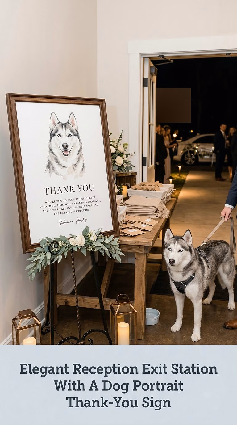 Elegant Reception Exit Station With A Dog Portrait Thank-You Sign