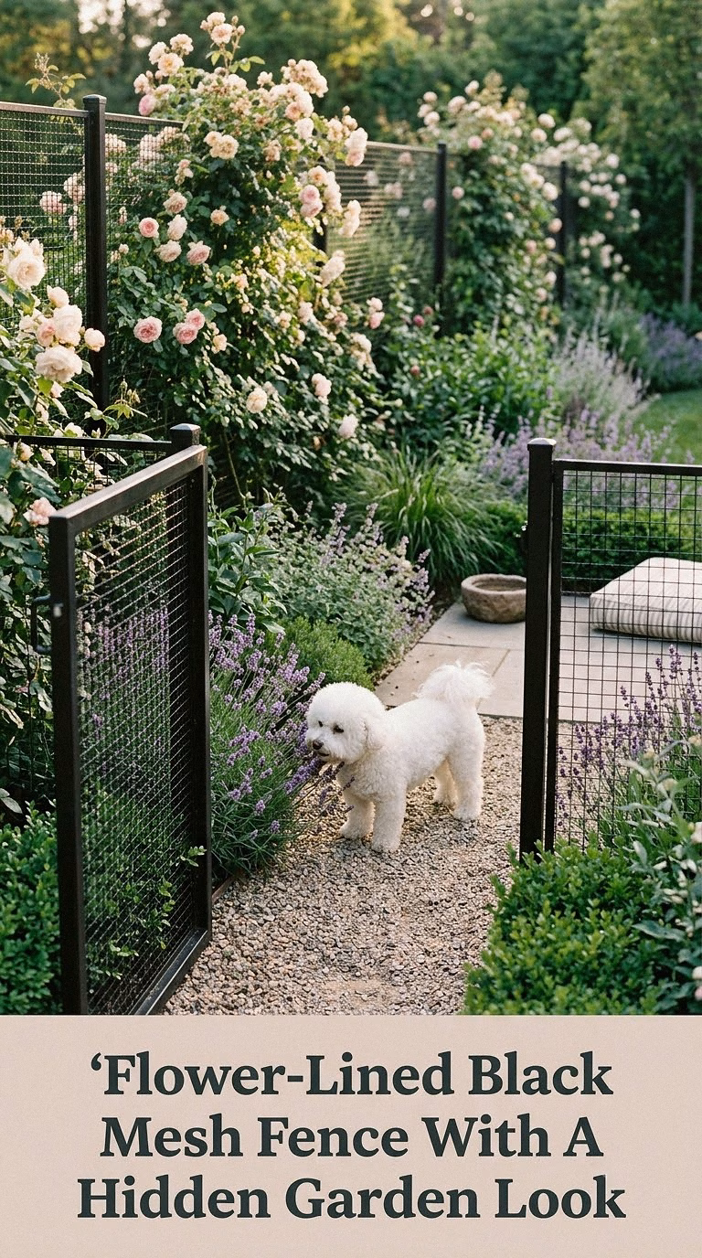 Flower-Lined Black Mesh Fence With A Hidden Garden Look