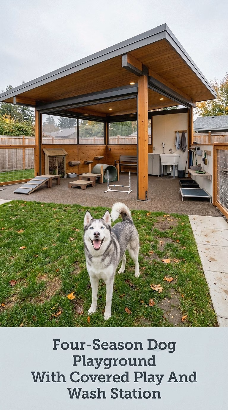 Four-Season Dog Playground With Covered Play And Wash Station