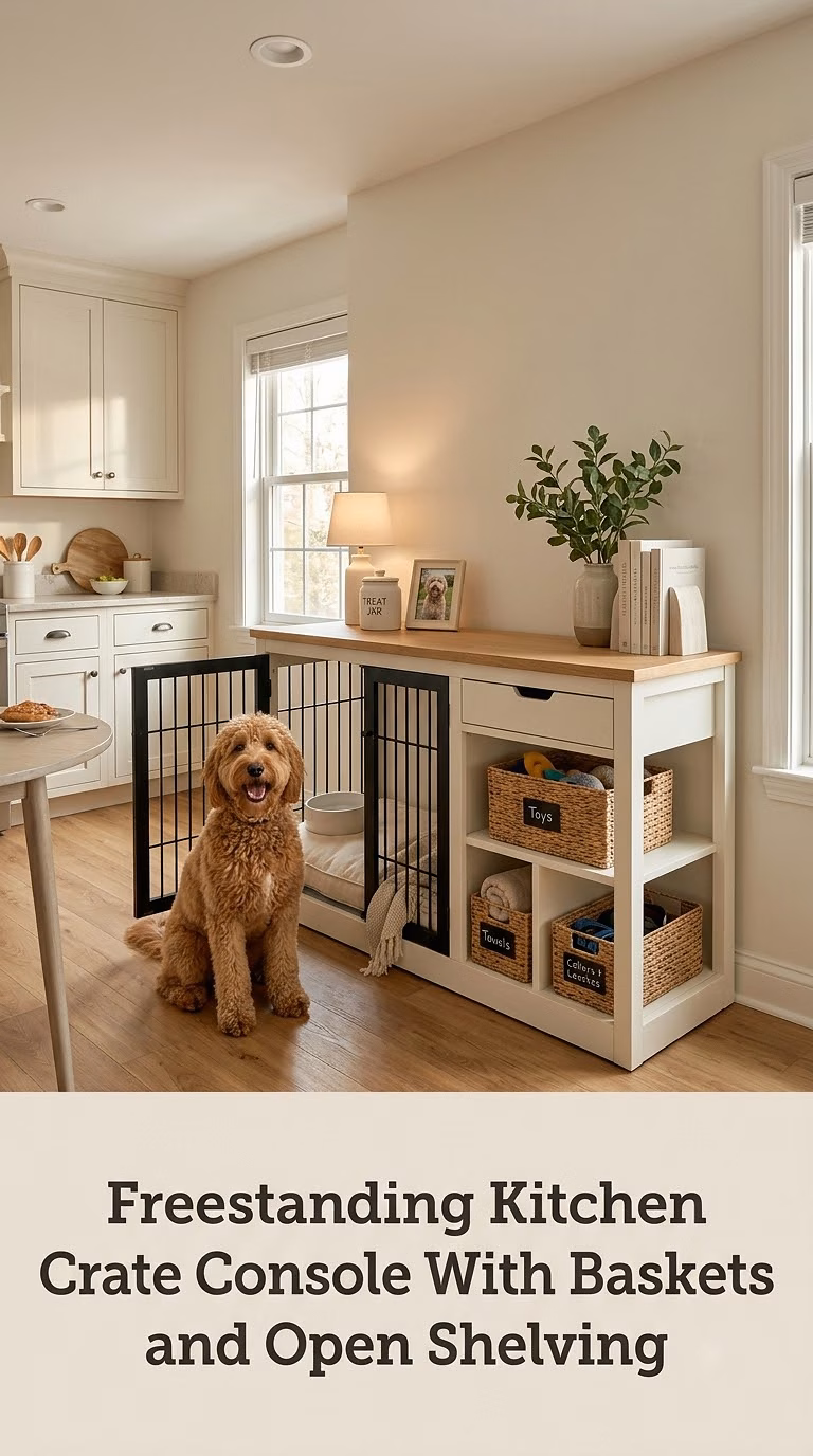 Freestanding Kitchen Crate Console With Baskets and Open Shelving