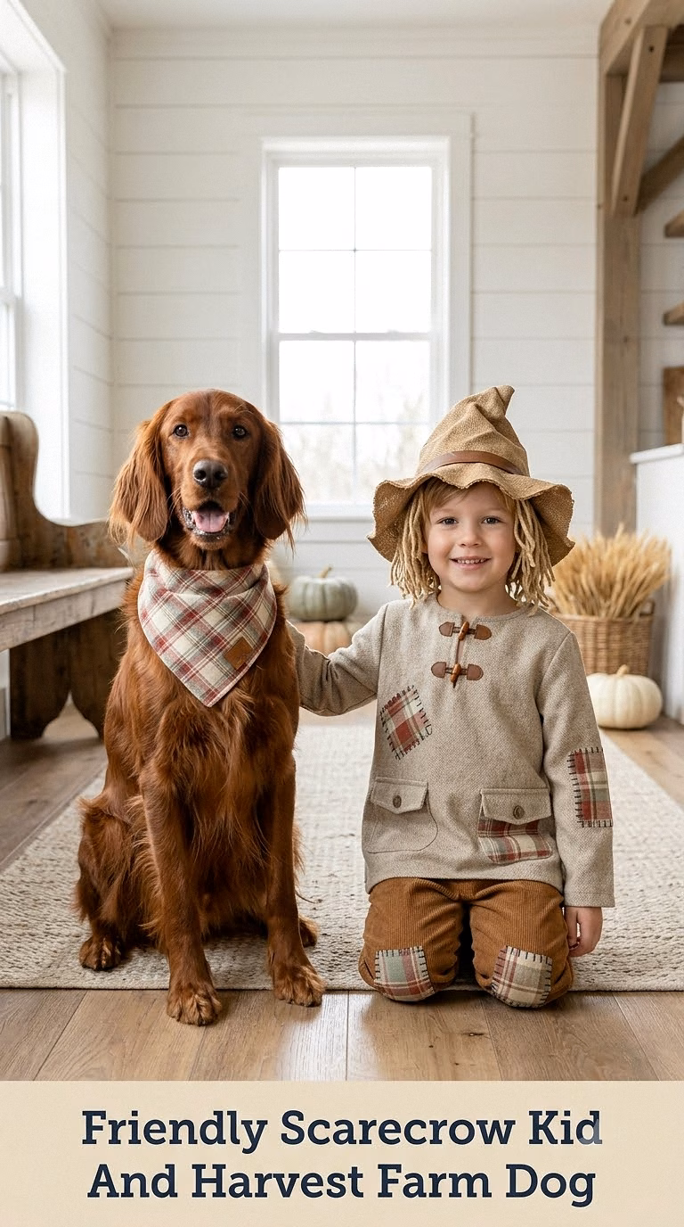 Friendly Scarecrow Kid And Harvest Farm Dog