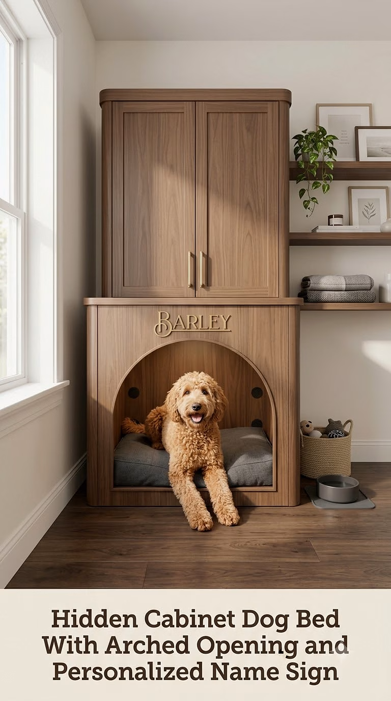 Hidden Cabinet Dog Bed With Arched Opening and Personalized Name Sign