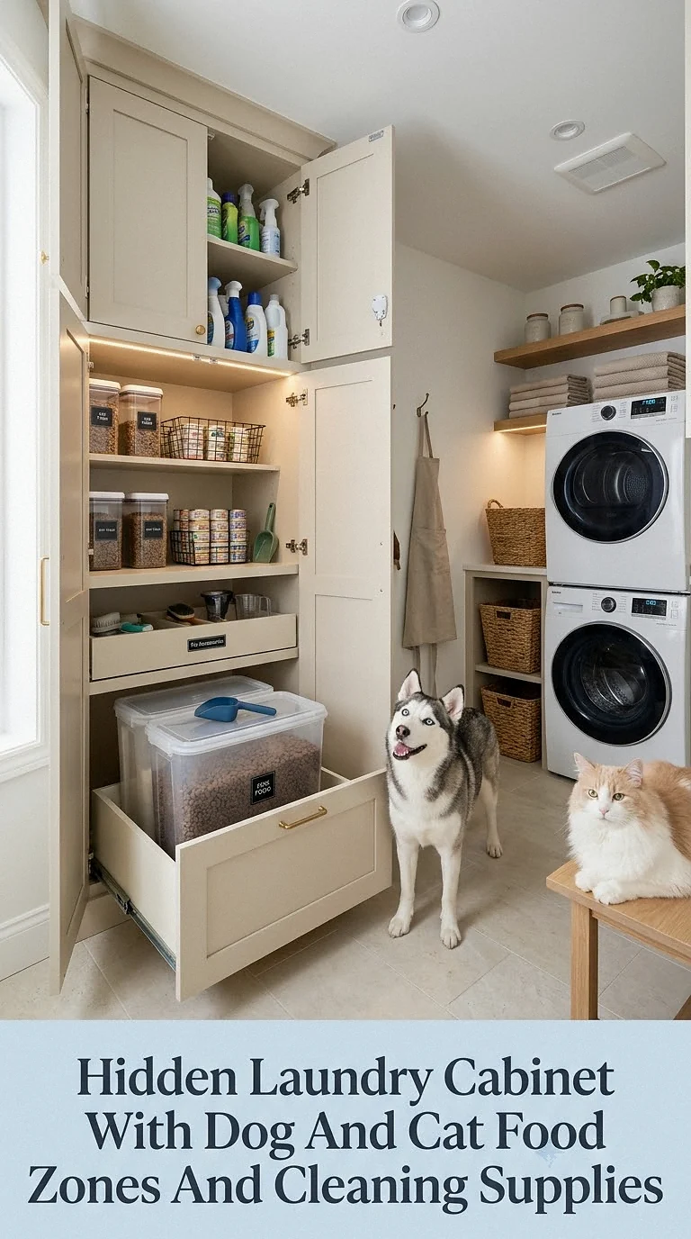 Hidden Laundry Cabinet With Dog And Cat Food Zones And Cleaning Supplies