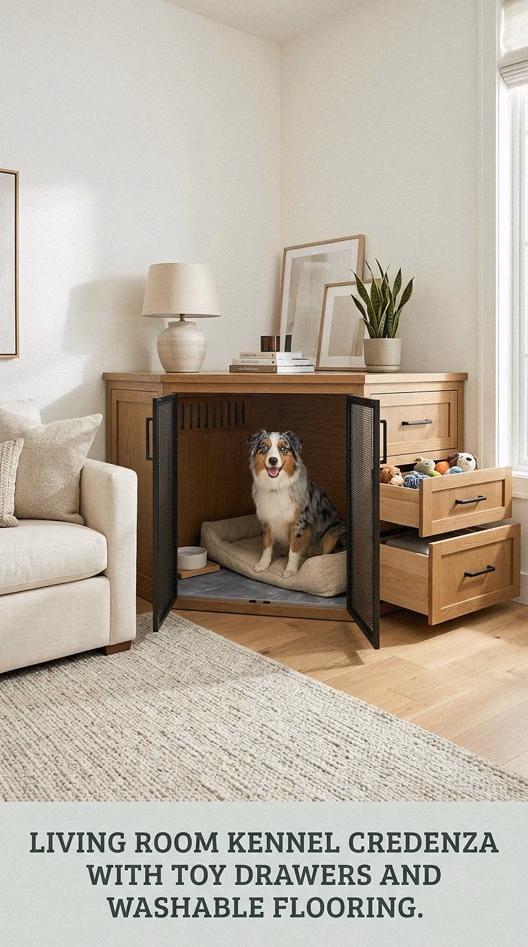 Living Room Kennel Credenza With Toy Drawers and Washable Flooring