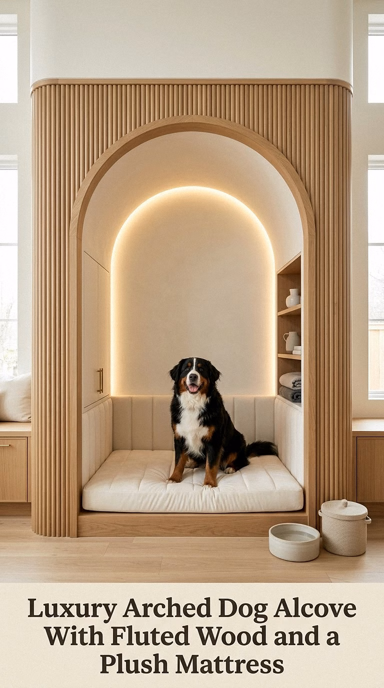 Luxury Arched Dog Alcove With Fluted Wood and a Plush Mattress
