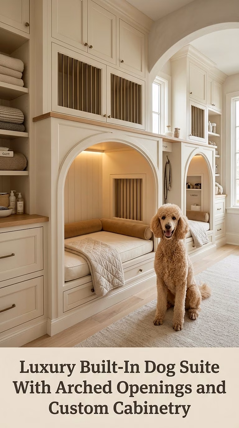 Luxury Built-In Dog Suite With Arched Openings and Custom Cabinetry
