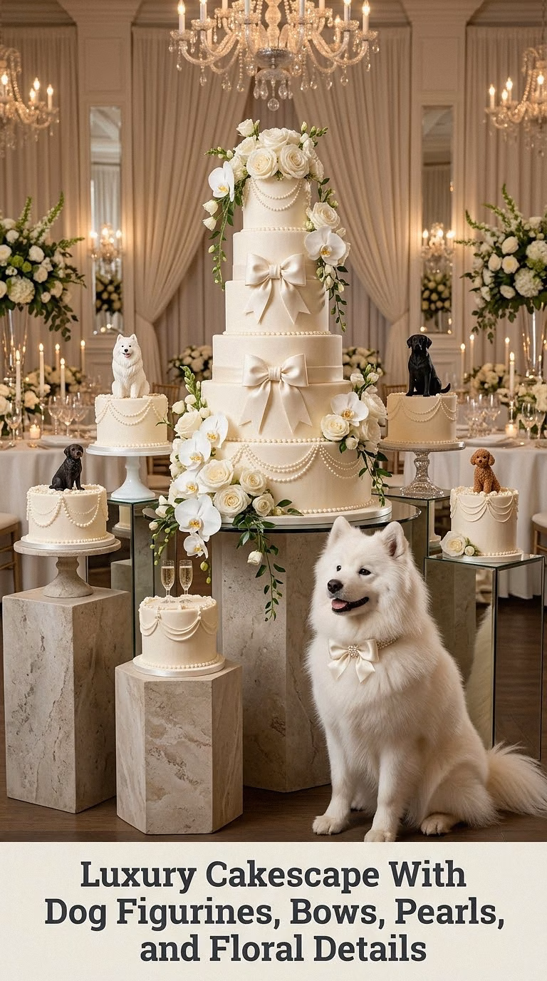 Luxury Cakescape With Dog Figurines, Bows, Pearls, and Floral Details