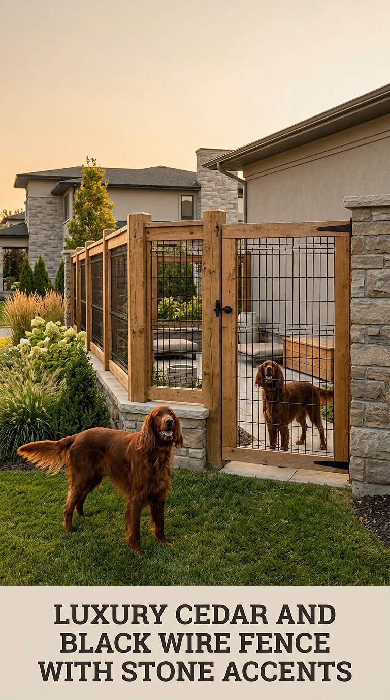 Luxury Cedar And Black Wire Fence With Stone Accents