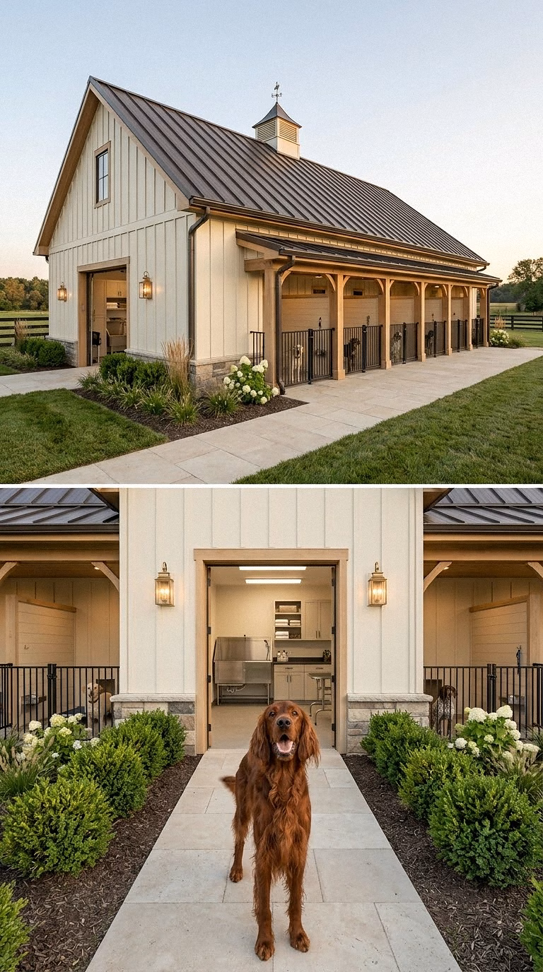 Luxury Farmhouse Dog Barn With Grooming Room and Covered Runs