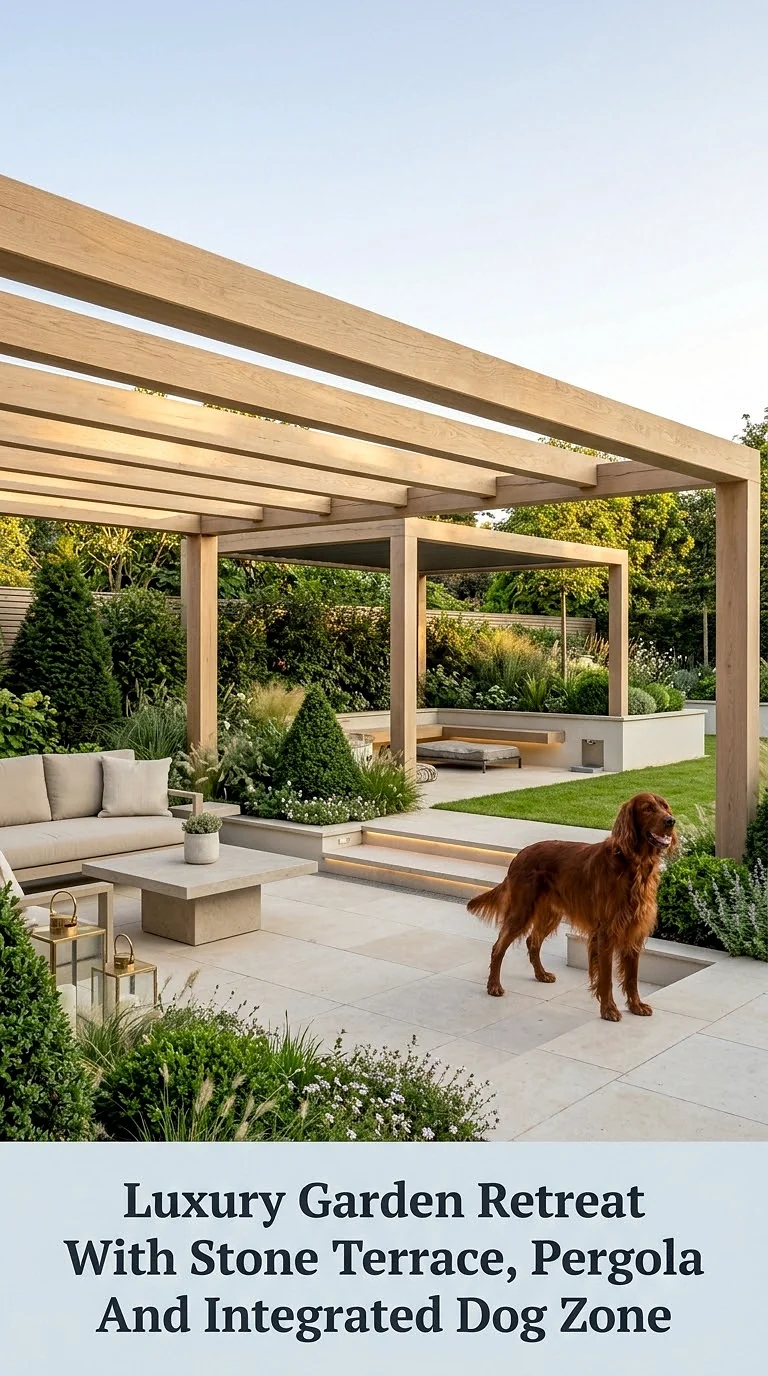 Luxury Garden Retreat With Stone Terrace, Pergola And Integrated Dog Zone