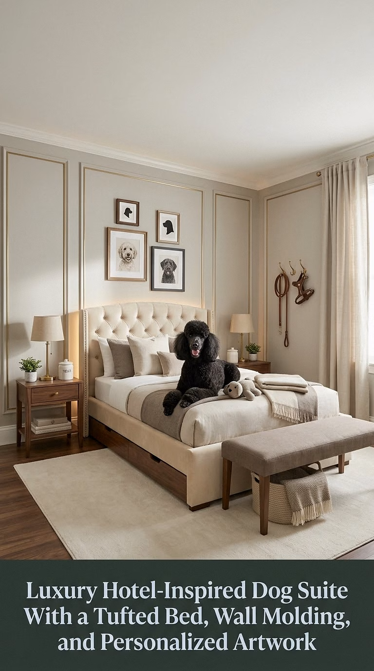 19. Luxury Hotel-Inspired Dog Suite With a Tufted Bed, Wall Molding, and Personalized Artwork