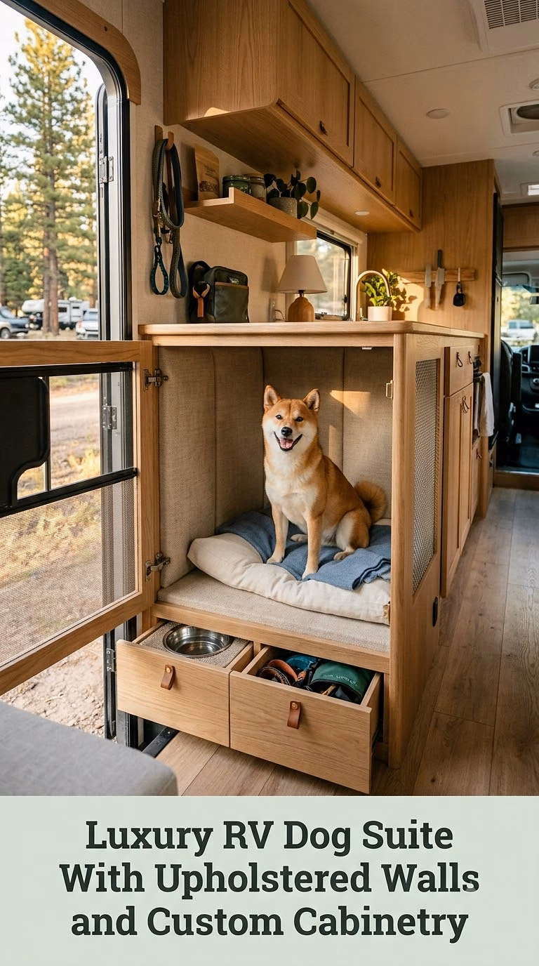 Luxury RV Dog Suite With Upholstered Walls and Custom Cabinetry