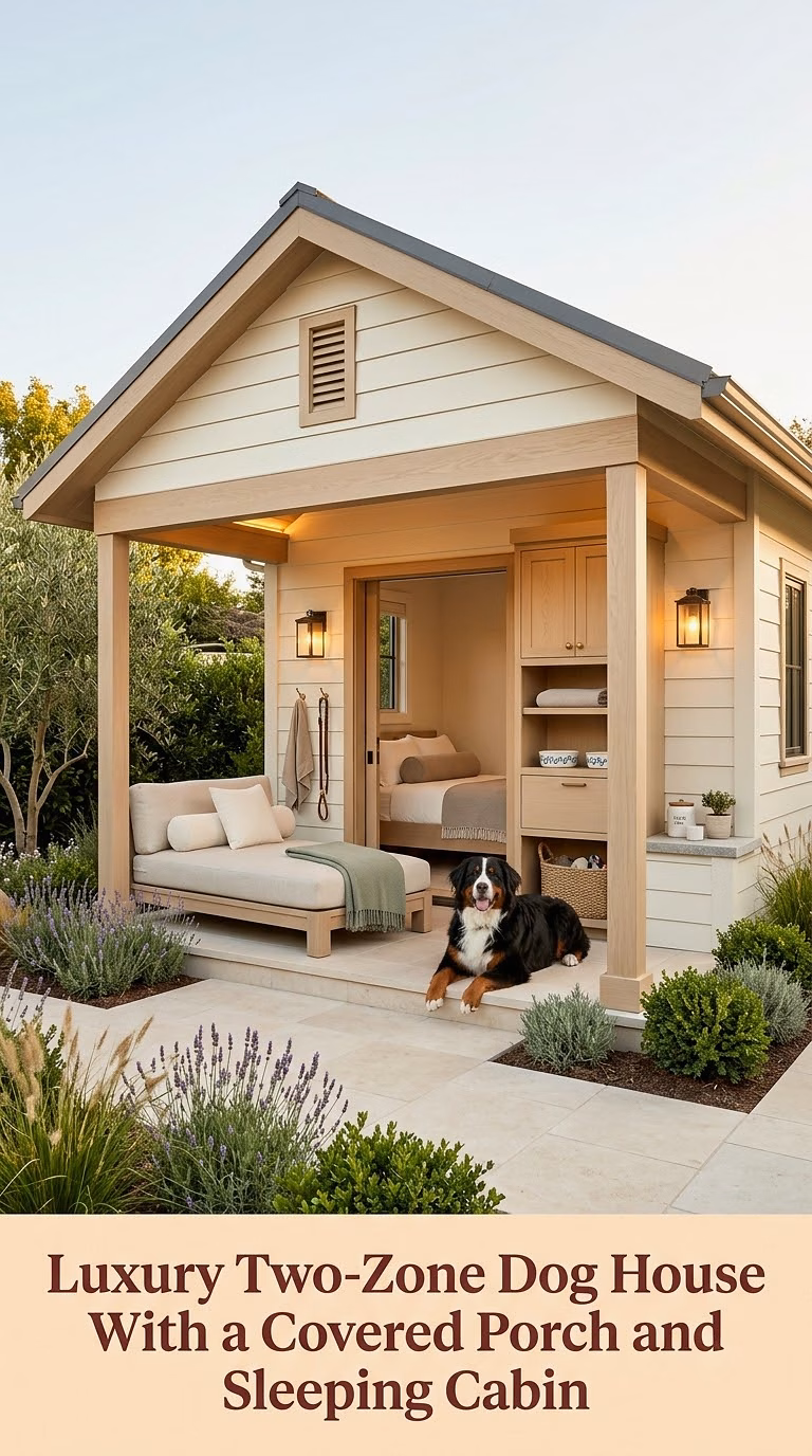 19. Luxury Two-Zone Dog House With a Covered Porch and Sleeping Cabin