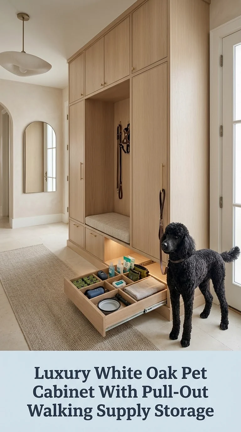 Luxury White Oak Pet Cabinet With Pull-Out Walking Supply Storage