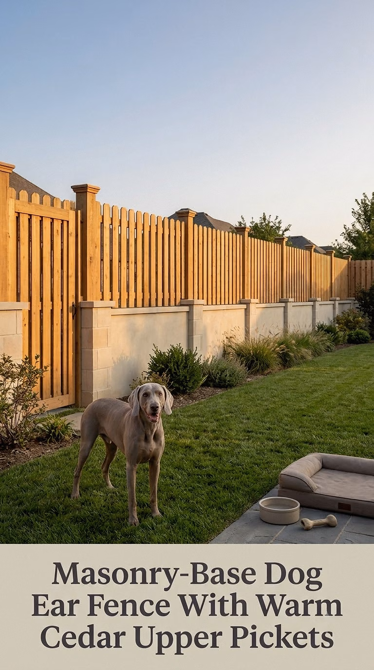 Masonry-Base Dog Ear Fence With Warm Cedar Upper Pickets
