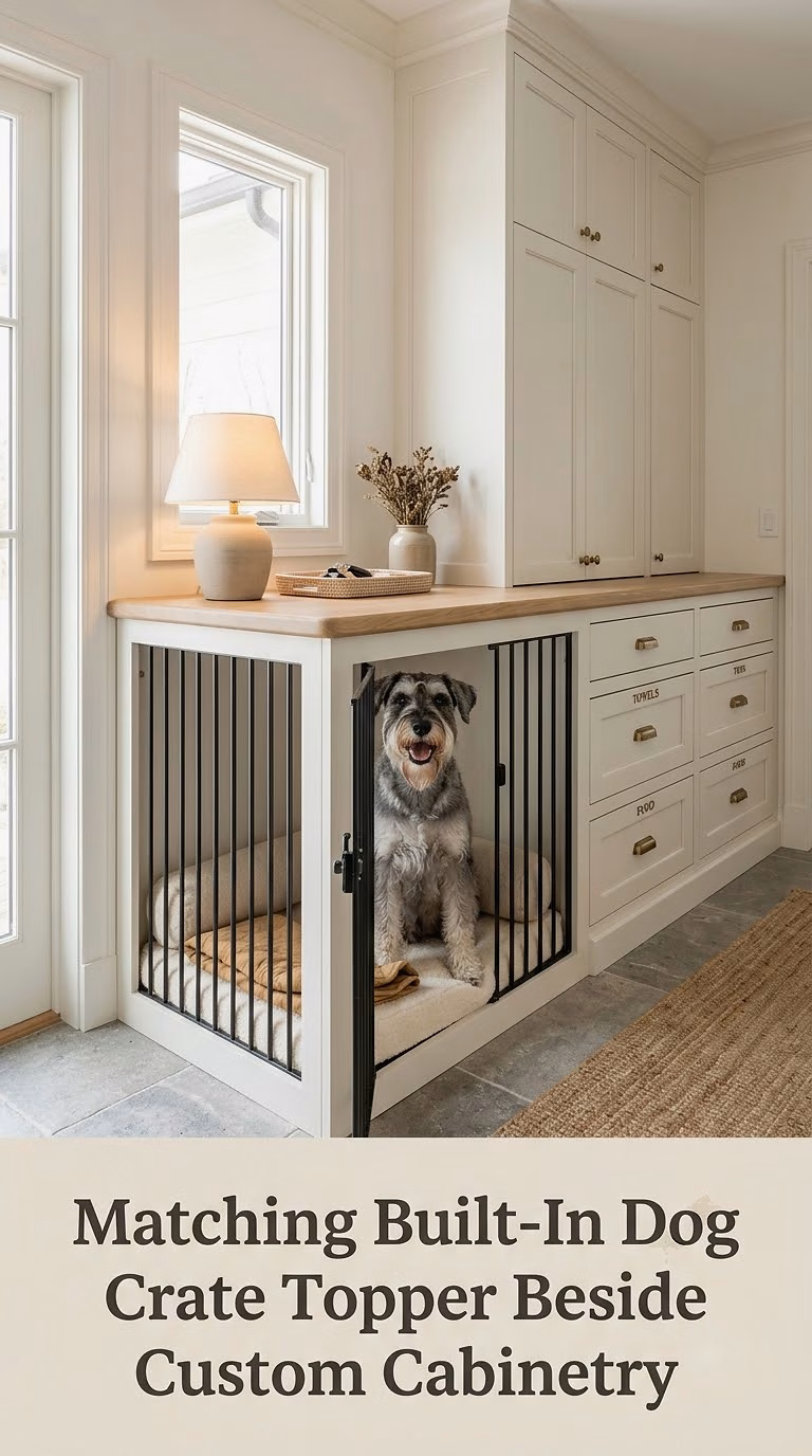 Matching Built-In Dog Crate Topper Beside Custom Cabinetry