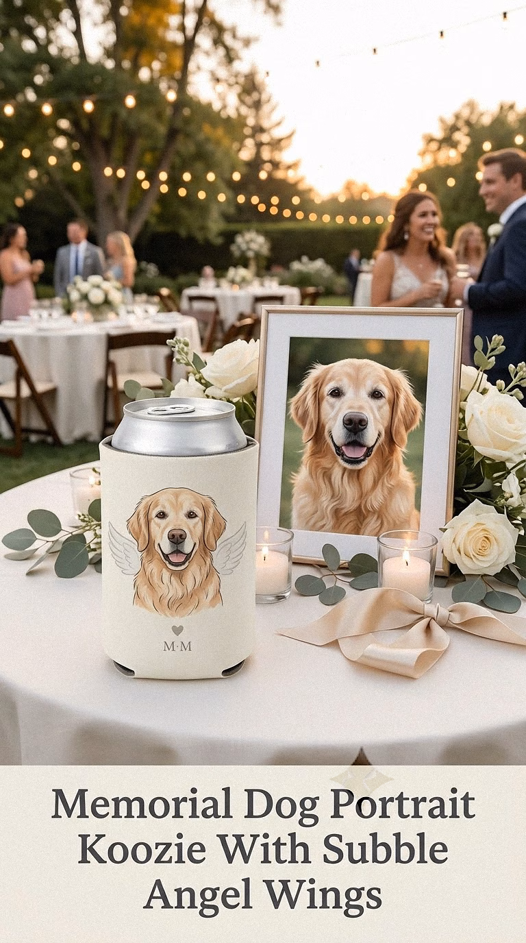 Memorial Dog Portrait Koozie With Subtle Angel Wings