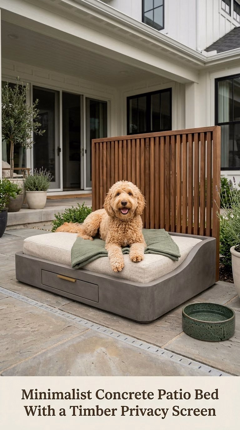 Minimalist Concrete Patio Bed With a Timber Privacy Screen
