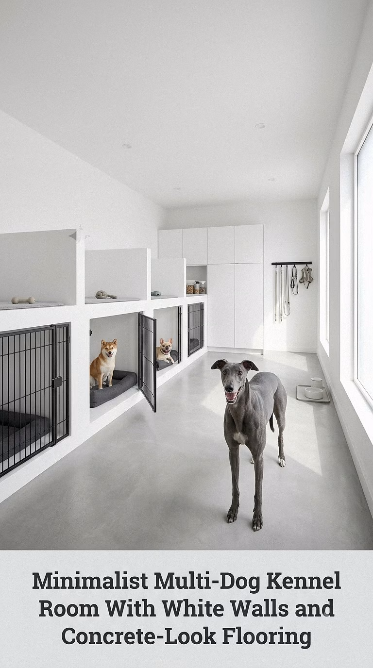 Minimalist Multi-Dog Kennel Room With White Walls and Concrete-Look Flooring