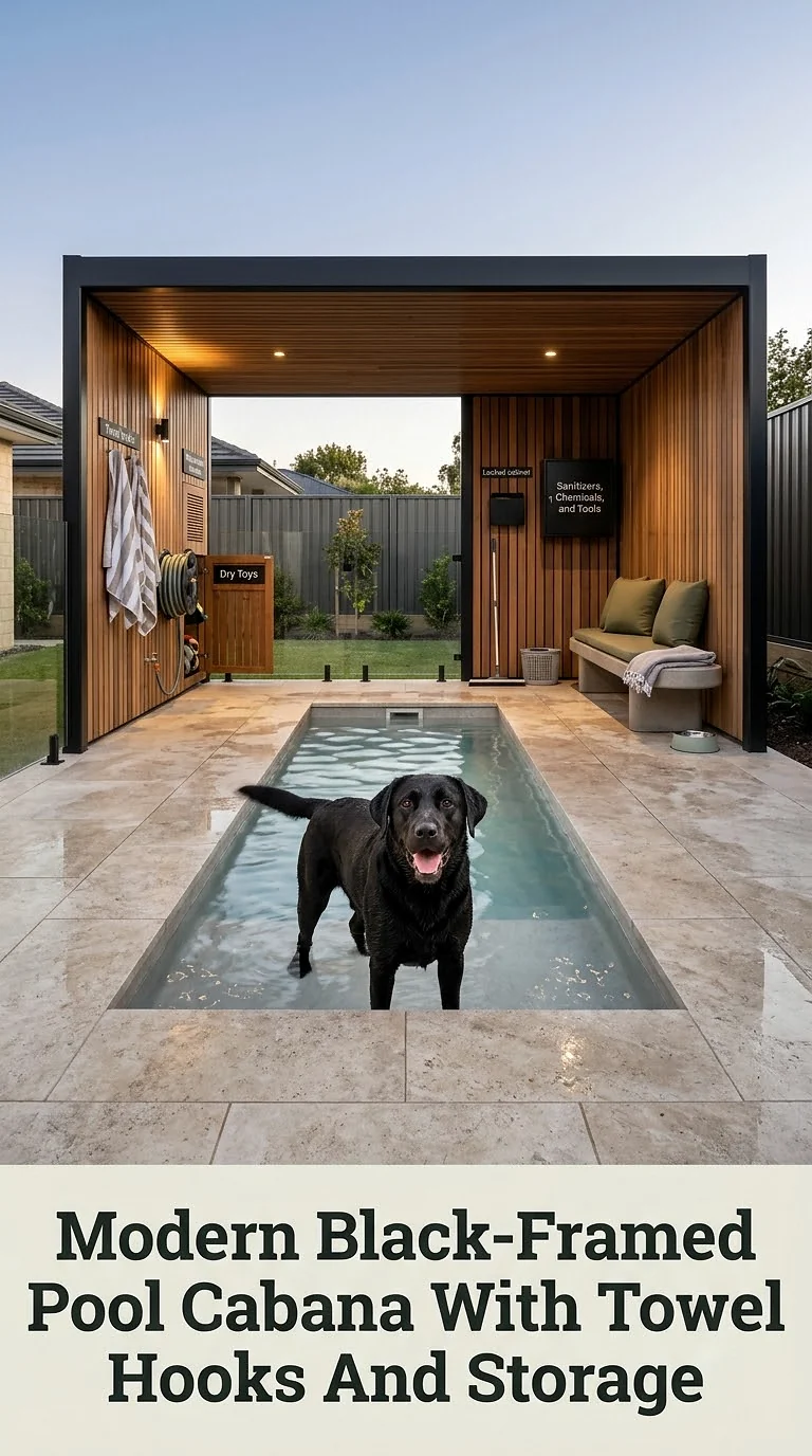 Modern Black-Framed Pool Cabana With Towel Hooks And Storage