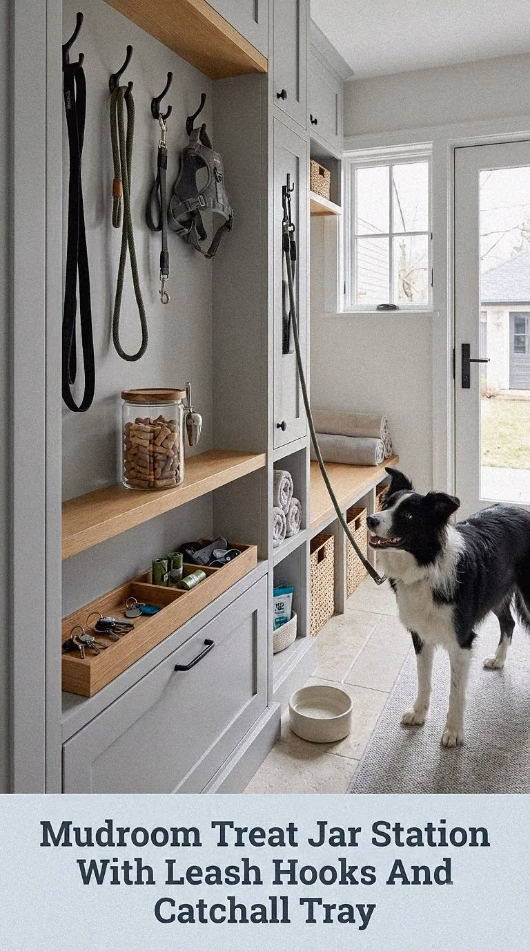 Mudroom Treat Jar Station With Leash Hooks And Catchall Tray